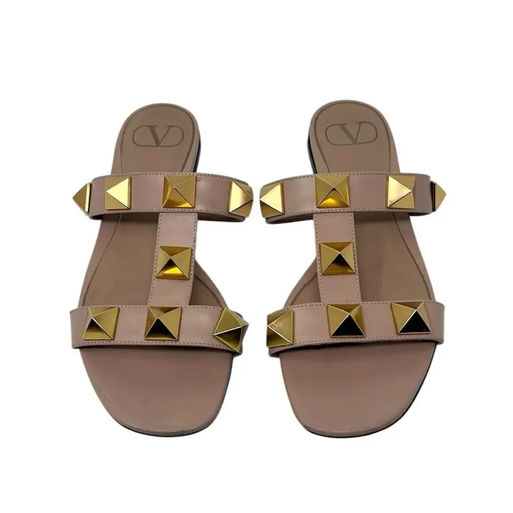 Valentino Garavani Roman Stud Flat Slide Neutral Nude Beige Sandals Size 37